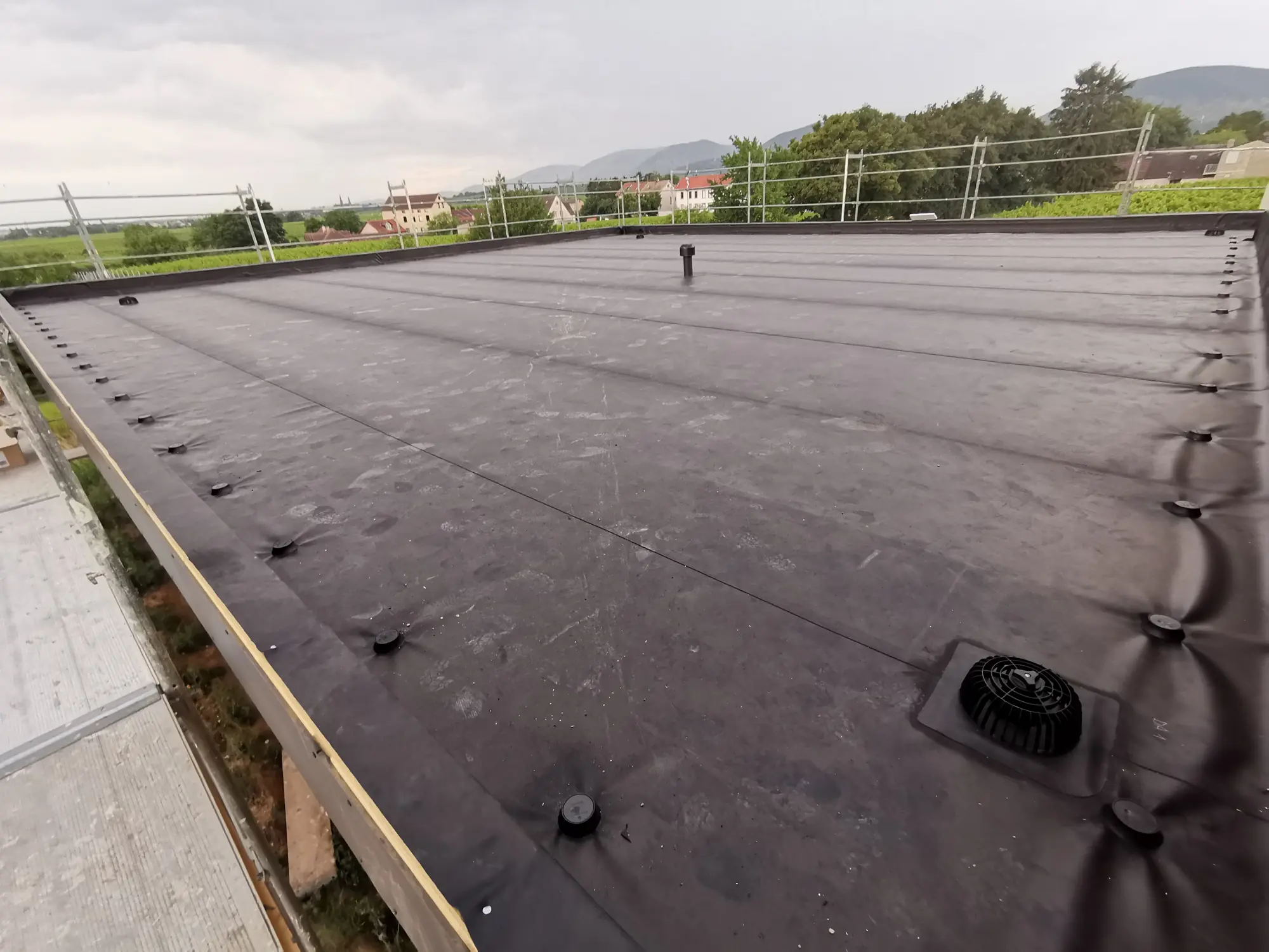 Schwarzes EPDM-Flachdach mit Blick in die Pfalz in Kirrweiler